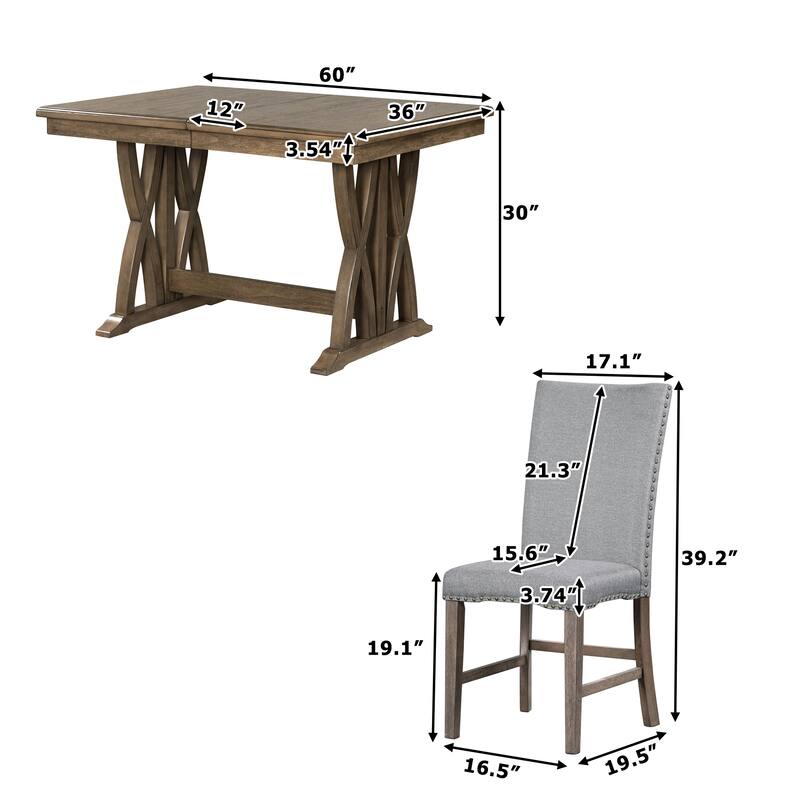 7Piece Solid Wood Dining Table Set with Extendable Table & 6 Upholstered Chairs & 12" Leaf Mid
